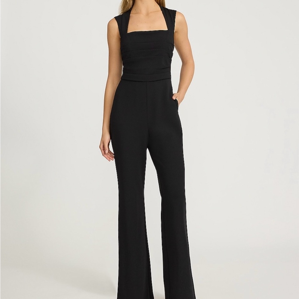 NWT Express Square Neck Ruched Tapered Leg Black Jumpsuit Sz M